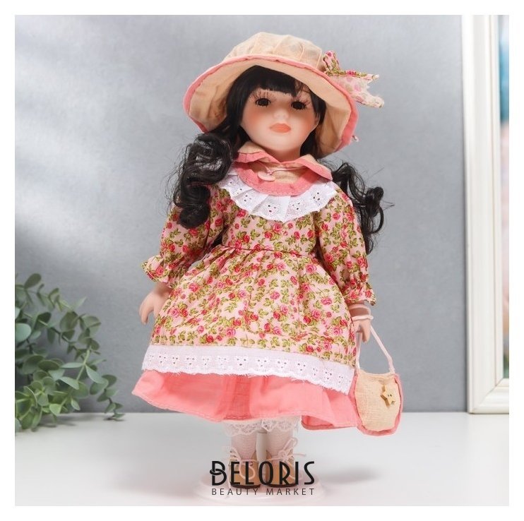 Кукла коллекционная керамика Тася в розовом платье с розочками 30 см NNB