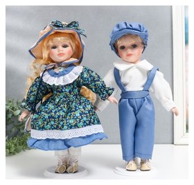 Кукла коллекционная парочка "Аня и толя, наряды розочки на синем" набор 2 шт 30 см 