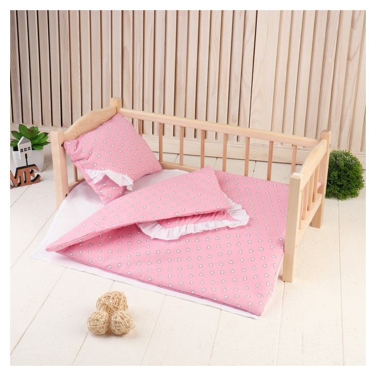Кукольное постельное «Сердечки на розовом», простынь, одеяло, подушка