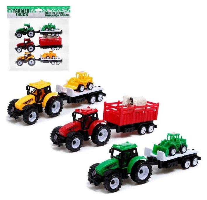 Набор инерционных тракторов «Фермер» с прицепом, 3 штуки  