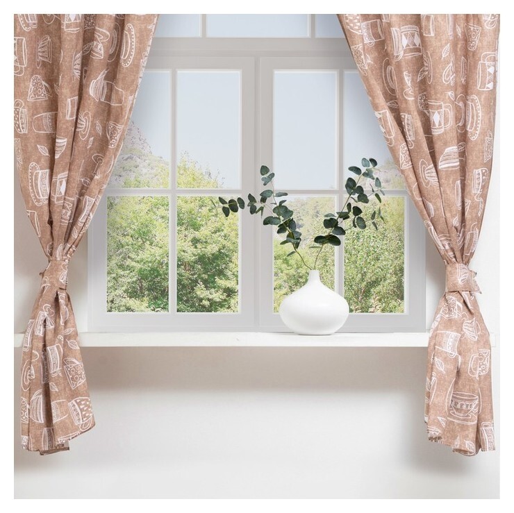 Шторы для кухни "Доляна" Cup Of Tea 150*180 см- 2 шт, подхваты - 2 шт, 164г/м2, 100% хл  Доляна