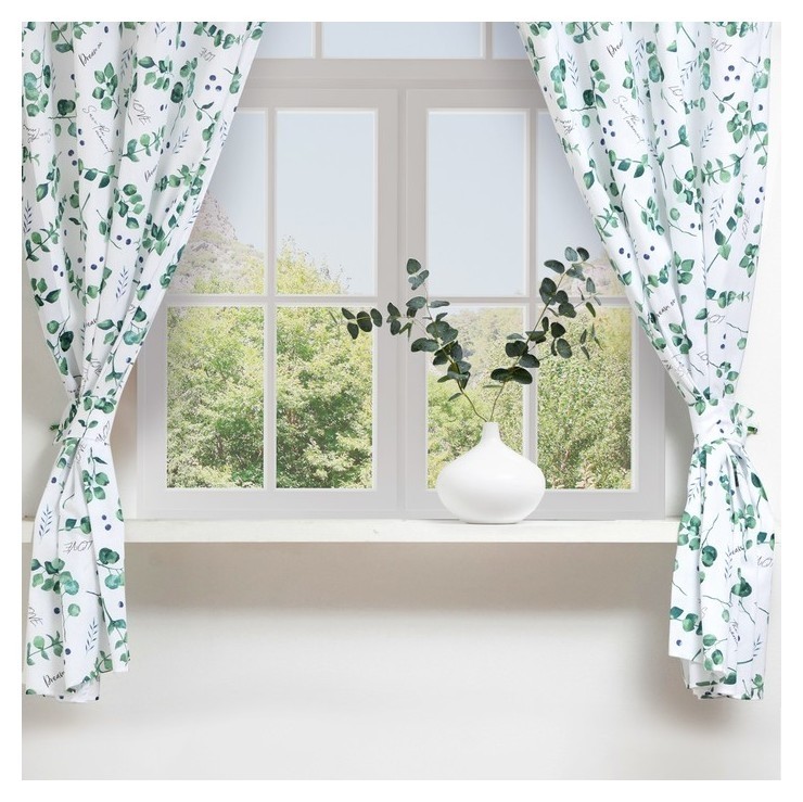 

Шторы для кухни "Доляна" Eucalyptus 150*180 см- 2 шт, подхваты - 2 шт, 164г/м2, 100% хл