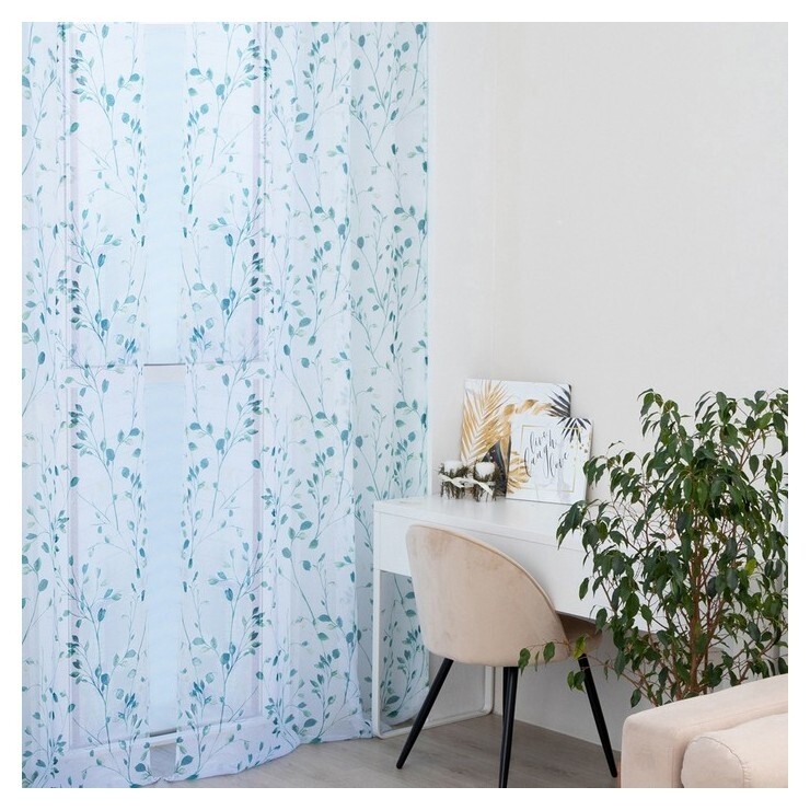 Тюль этель Green Leaves, на шторной ленте 145х270 см, 70гр/м2, 100% п/э  Этель