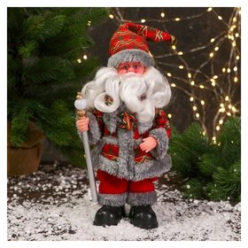 Дед мороз "Цветной шубке и с фонариком на посохе" 30 см, двигается, красно-серый Зимнее волшебство