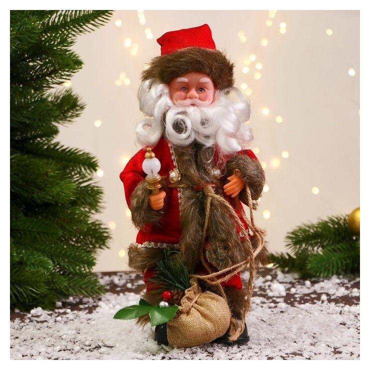 Дед мороз "В кафтане с пуговицами и с мешком" 30 см, двигается, красно-коричневый  Зимнее волшебство