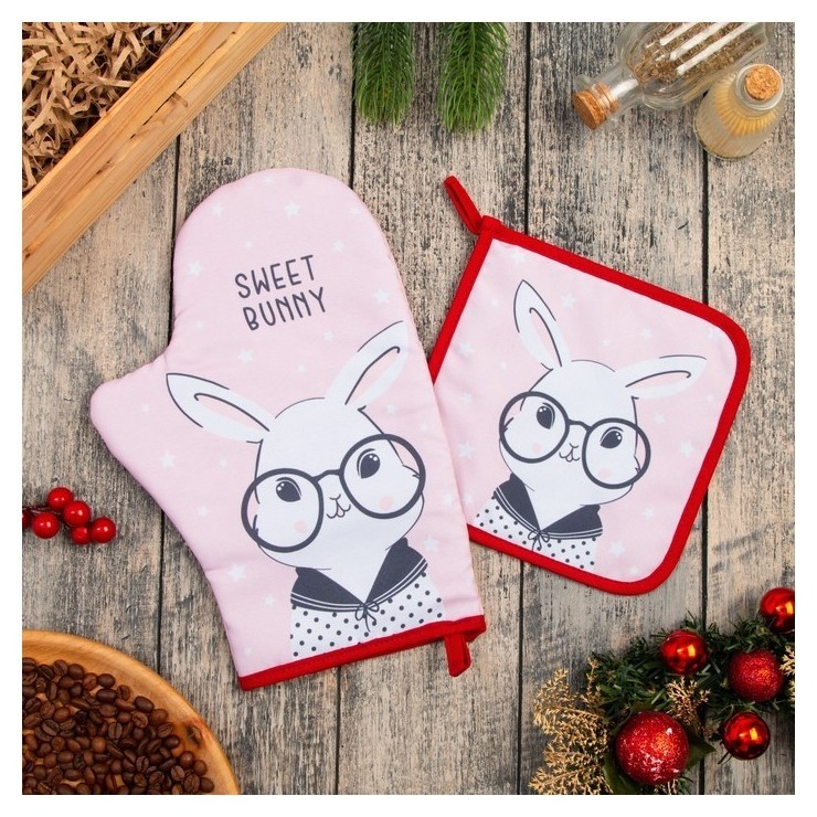 

Набор кух. "Sweet Bunny" варежка-прихватка 20х28 см, прихватка 17х17 см, 35% х/л, 65% п/э