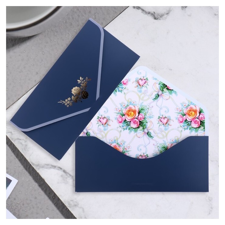 Конверт для денег "Поздравительный" серо-голубой, цветы, 19х9 см  Стильная открытка