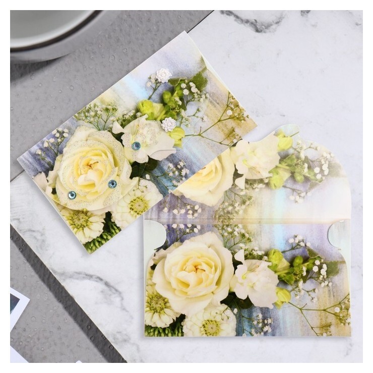 Конверт для денег "Поздравительный" глитер, белые розы, гипсофилы, 19х9 см  Стильная открытка