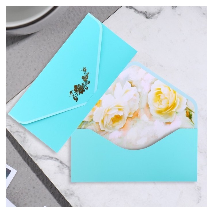 Конверт для денег "Поздравительный" бирюзовый, цветы, 19х9 см  Стильная открытка