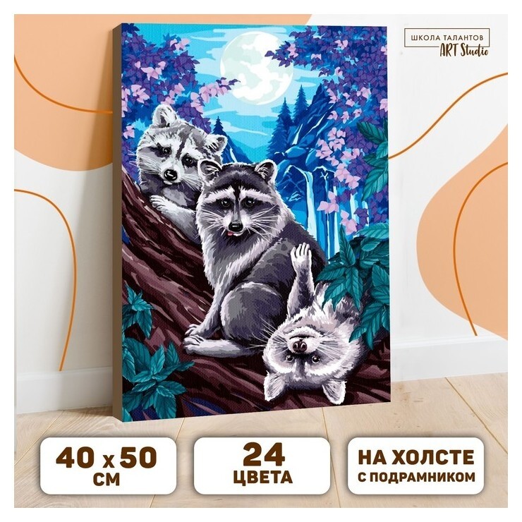 Картина по номерам на холсте с подрамником «Еноты под луной» 40х50 см  Школа талантов