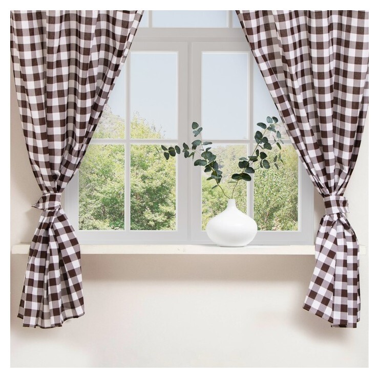 Шторы для кухни доляна "Клетка" 150х180 см - 2 шт, подхваты - 2 шт, 100% хл, 164 г/м2  Доляна