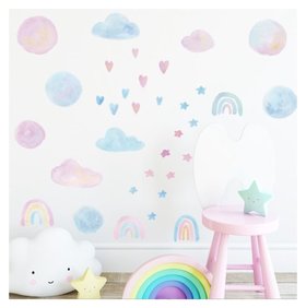 Наклейка пластик интерьерная цветная "Акварель. облака, радуга, звёзды" 24х70 см 