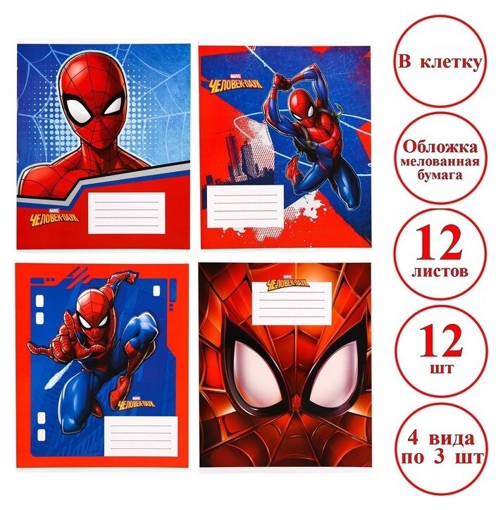 Комплект тетрадей из 12 шт "Человек-паук", 12 листов, в клетку, обложка бумага мелованная  Marvel Comics