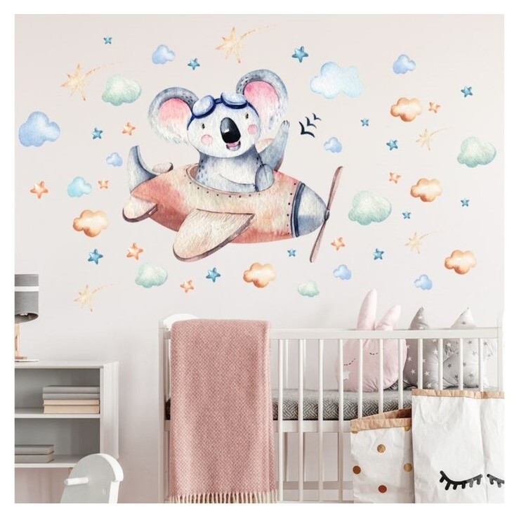 Наклейка пластик интерьерная цветная "Коала-авиатор в самолёте" 30х60 см  