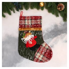 Носок для подарков "Дед мороз, клетка" 26х36 см, красно-зелёный Зимнее волшебство