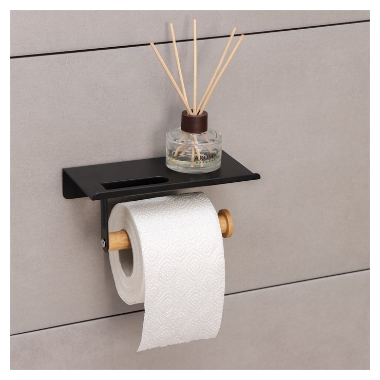 Держатель для туалетной бумаги с полочкой Bamboo, 18×9,7×7,5 см, цвет чёрный