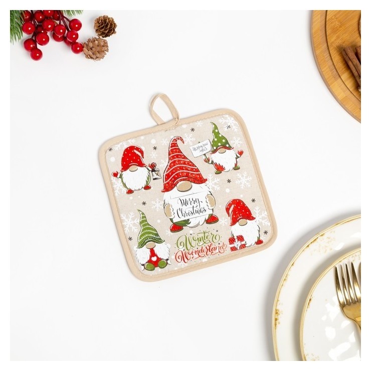 

Прихватка гномы, размер 18х18 см, 160г/м², 50% лён, 50% хлопок