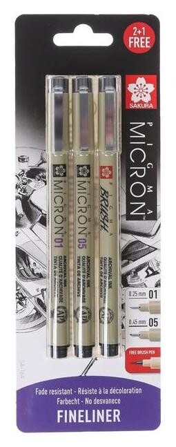 Ручка капиллярная набор Sakura Pigma Micron Manga, разные типы, 3 штуки (0.25/0.45/brush), чёрный Sakura