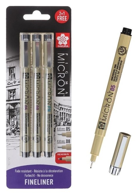 Набор ручек капиллярных 3 штуки (Линеры 0.45, 0.5; Pn), Sakura Pigma Micron, цвет чёрный (пигментные светостойкие чернила) Sakura
