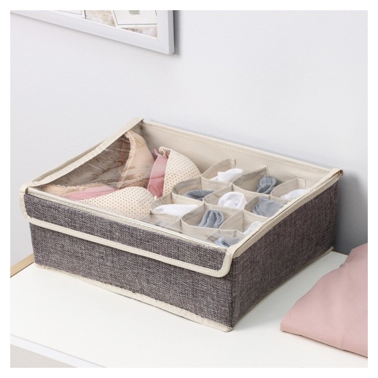 Органайзер для хранения белья с прозрачной крышкой доляна «Тео», 13 ячеек, 32×23×12 см, цвет серый Доляна