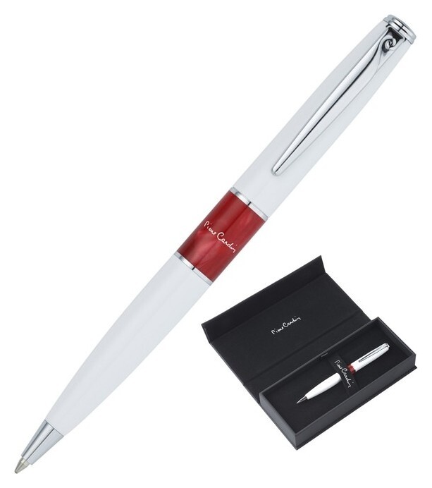 Ручка шариковая Pierre Cardin Libra, корпус латунь, лак, акрил, отделка сталь и хром, чернила синие, акриловая вставка красная, белая  Pierre cardin