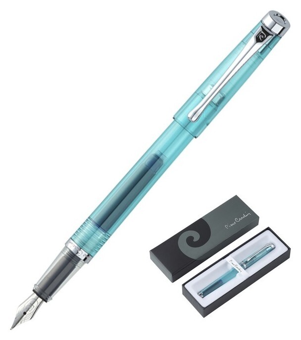 Ручка перьевая Pierre Cardin I-share, корпус пластик, отделка сталь и хром, узел 0.6 мм, чернила синие, прозрачная, бирюзовая Pierre cardin