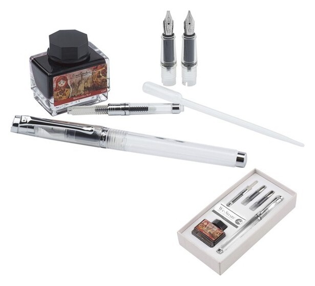 Набор Pierre Cardin We-share: ручка прозрачного цвета с пером размера М, 2 сменные насадки с перьями размеров 1.1 мм и 1.9 мм, конвертер, бутылочка чернил Matryoshka Red 15 мл  Pierre cardin