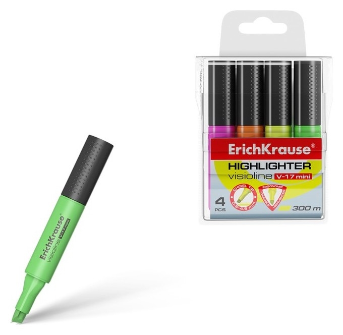 Набор маркеров текстовыделителей Erichkrause Visioline V-17 Mini, 4 штуки, 0.6-4.5 мм, чернила на водной основе, жёлтый, зелёный, розовый, оранжевый