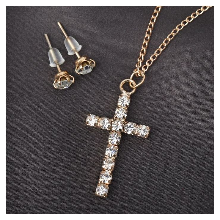 Гарнитур 2 предмета: серьги, кулон "Крестик", цвет белый в золоте, 43см  Queen Fair