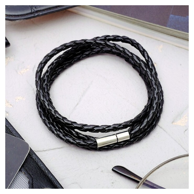 Браслет унисекс "Кожаное плетение", цвет чёрный с серебром, 82см Queen Fair