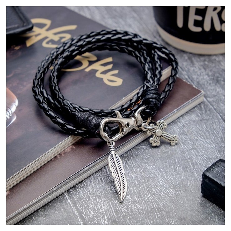 Браслет унисекс "Гравитация" перо и крест, цвет чёрный с чернёным серебром, 77 см  Queen Fair