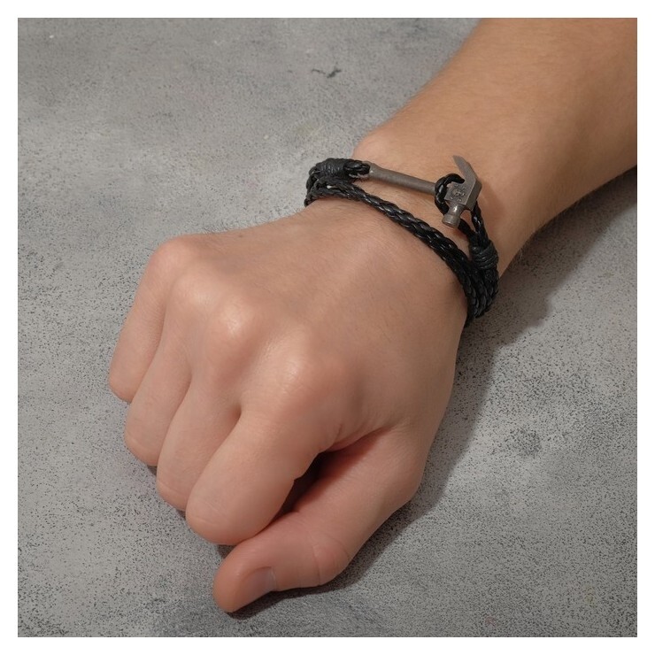 Браслет мужской "Молот" коса двойная, цвет чёрный с чернёным серебром, 43 см  Queen Fair