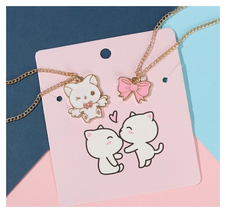 Кулоны "Неразлучники" котик с бантиком, цвет бело-розовый в золоте, 45 см  Tell your story