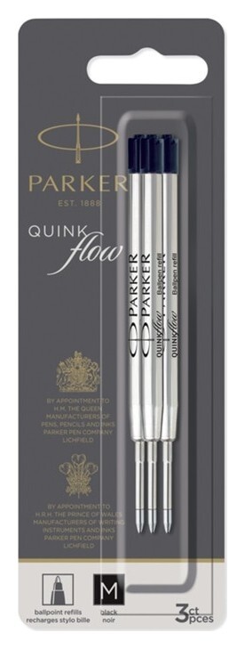 Набор стержней 3шт для шарик ручки Parker Quinkflow, черные, средние 1.0мм, блистер  Parker