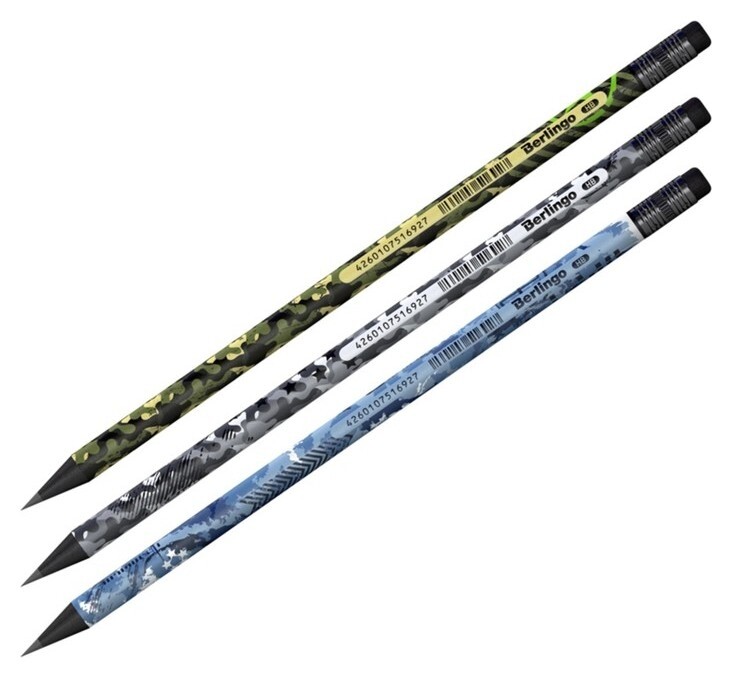 Карандаш ч/г Berlingo "Military" HB, круглый, с ластиком, черное дерево, заточен Berlingo