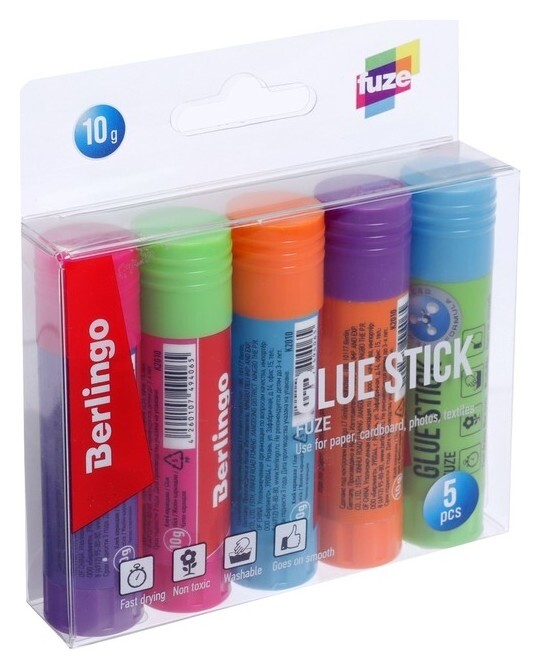Набор 5 штук клей-карандаш PVP 10г Berlingo "Fuze", в PET боксе, европодвес  Berlingo