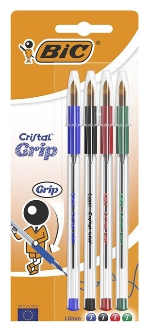 Набор ручек шариковых BIC Cristal Grip, 4 штуки, узел 1.0 мм, среднее письмо, чернила синие, чёрные, красные, зелёные, резиновый упор, прозрачный корпус  BIC