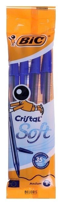 Набор ручек шариковых 4 штуки, BIC Cristal Soft, узел 1,2 мм, среднее письмо, чернила синие, корпус тонированный, подвес BIC