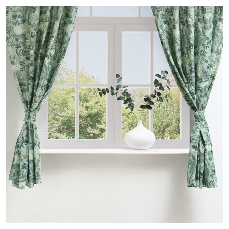 Шторы для кухни доляна "Лесная прохлада" 146х180 см - 2 шт, подхваты - 2 шт, 50% хлопок, 50% пэ  Доляна