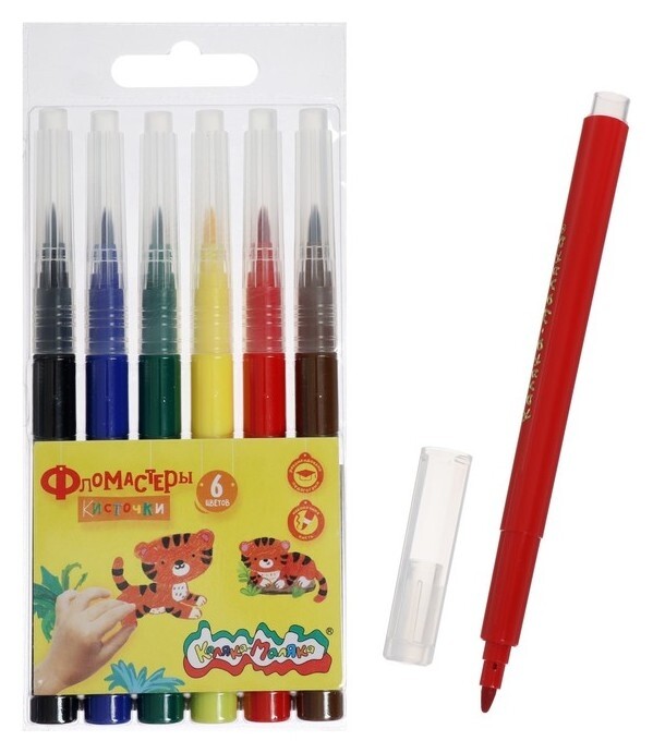 Фломастеры-кисточки, 6 цветов, легкосмываемые  Каляка-Маляка