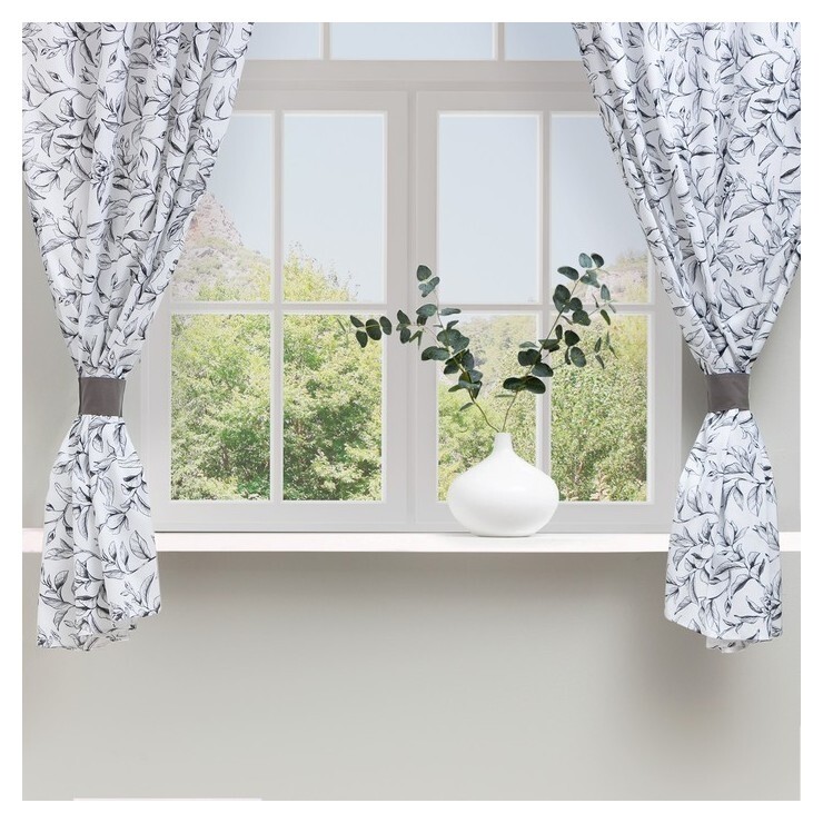 Шторы для кухни доляна Plant Leaves 146х180 см - 2 шт, подхваты - 2 шт, 100% хлопок, 164 г/м2  Доляна