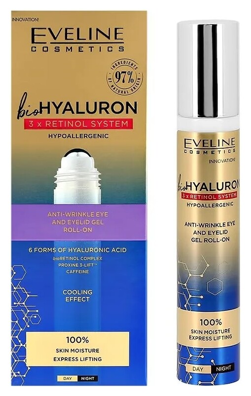 Гель-филлер для кожи вокруг глаз роликовый Eveline Cosmetics BIOHYALURON 3 x RETINOL SYSTEM