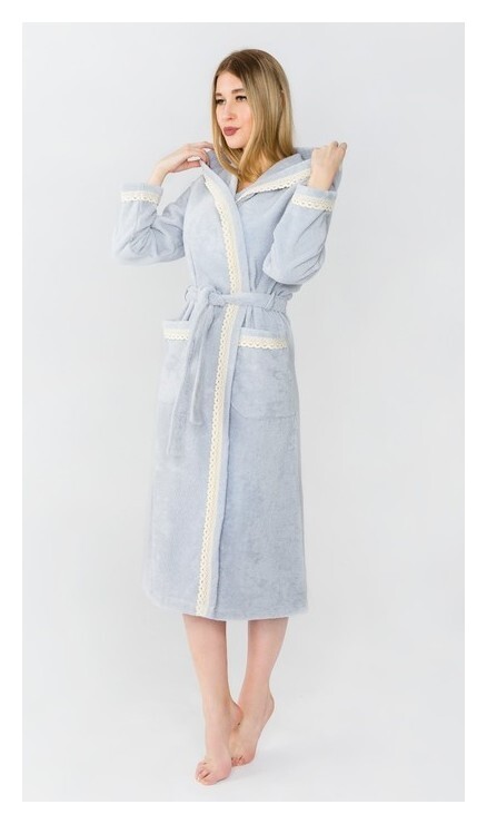 Халат махровый с кружевом этель женский удлинённый размер 48-50 светло-серый 340 г/м2, 100% хлопок  Этель