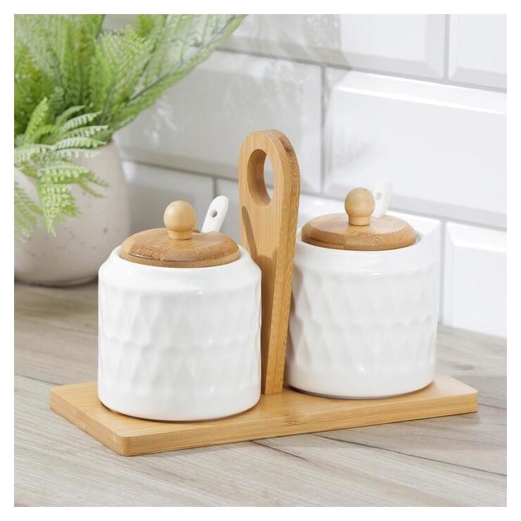 Набор банок керамический для сыпучих продуктов доляна «Эстет. герда», 2 предмета на деревянной подставке Доляна