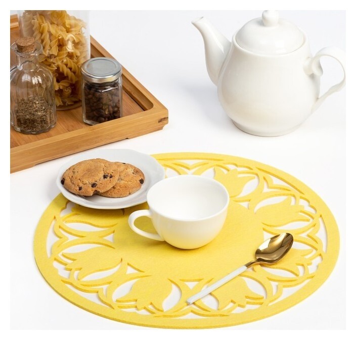 Салфетка декоративная доляна"Тюльпаны" цвет желтый,d 30 см, 100% п/э, фетр  Доляна