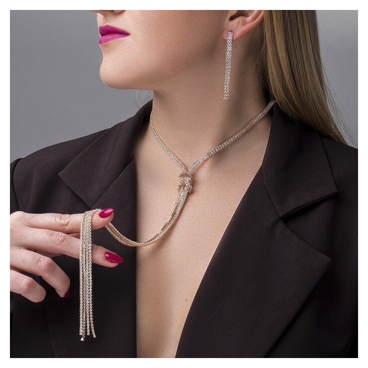 Набор 2 предмета: серьги, кулон "Элегантность" жгут, цвет белый в розовом золоте, 42 см  Queen Fair