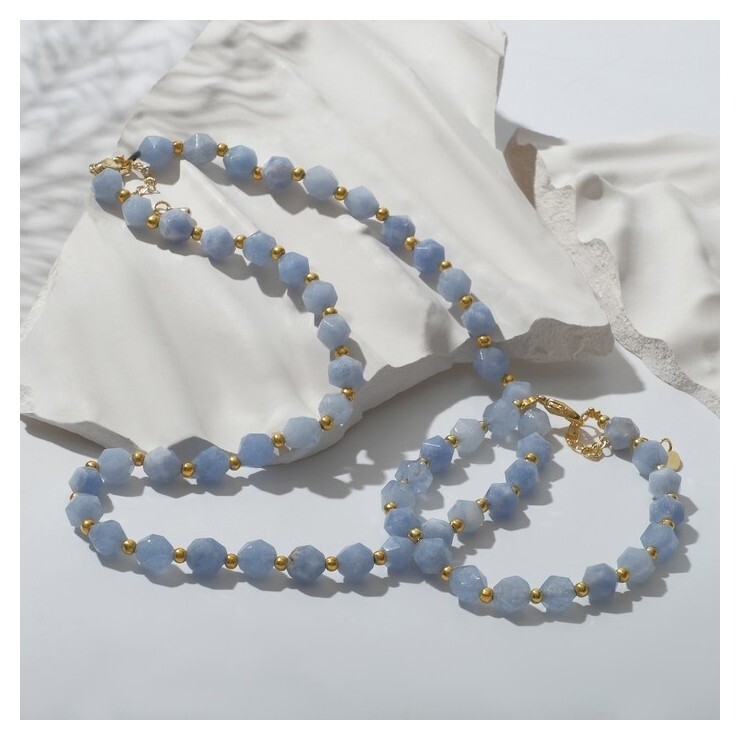 Набор 2 пред-та: бусы, браслет, шар №6 многогранник через серебр. шарик "Агат" под аквамарин  