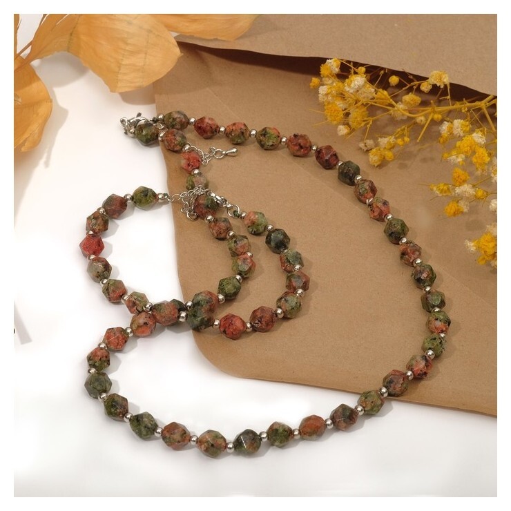 Набор 2 предмета: бусы, браслет, шар №6 многогранник через серебристый шарик "Унакит"  