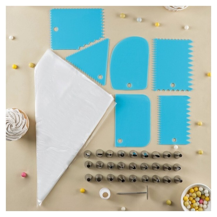 Набор кондитерский, 37 предметов: 28 насадок, 1 адаптер, набор шпателей 6 шт, кондитерский гвоздь, кондитерские мешки 50 шт  