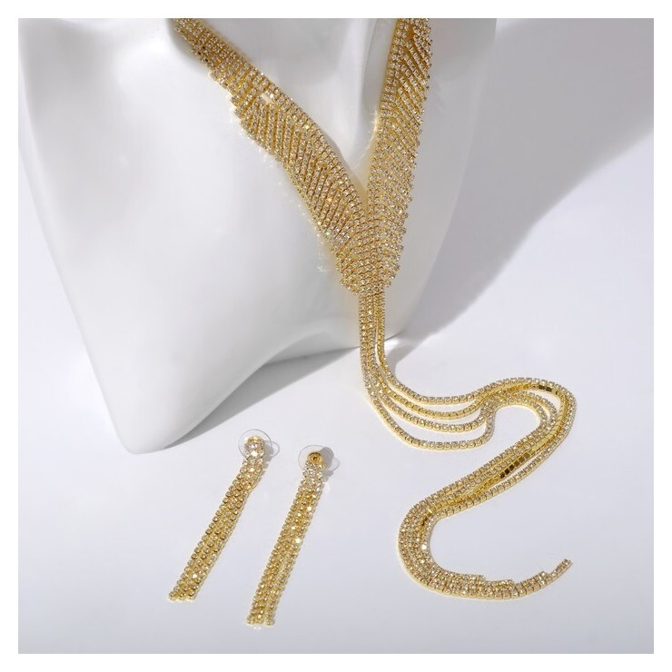 Набор 2 предмета: серьги, колье "Лёд" дорожка с лесенкой, цвет белый в золоте  Queen Fair